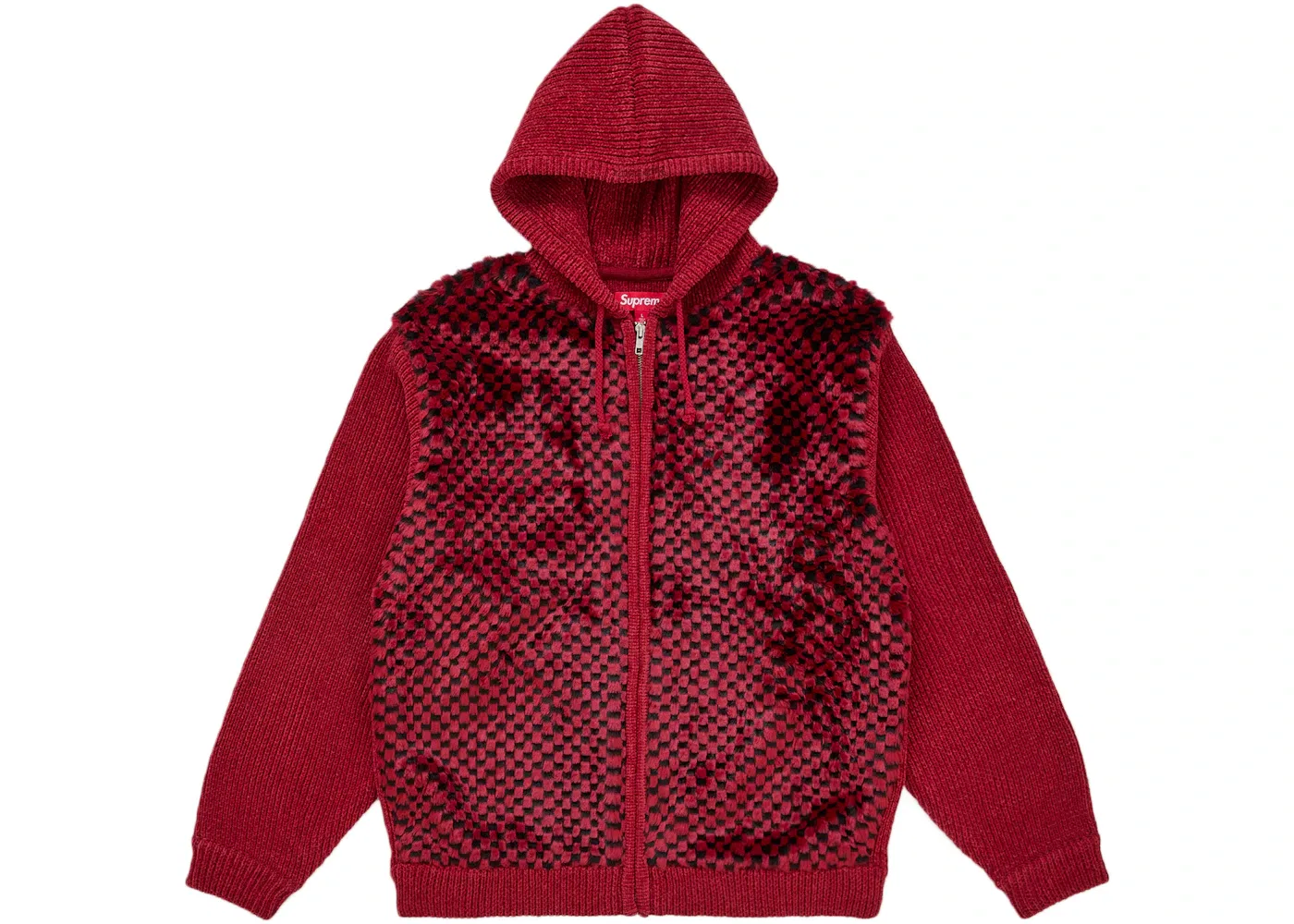 Мужской свитер на молнии с капюшоном и принтом Supreme Checkerboard, красный