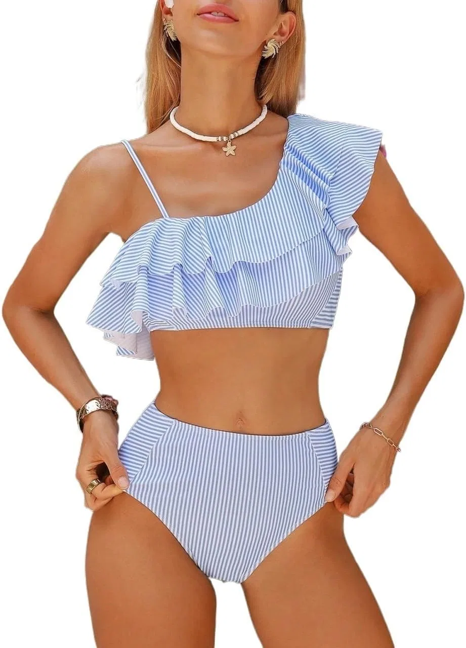 Женский купальник бикини с воланами и асимметричным вырезом, Blue and White