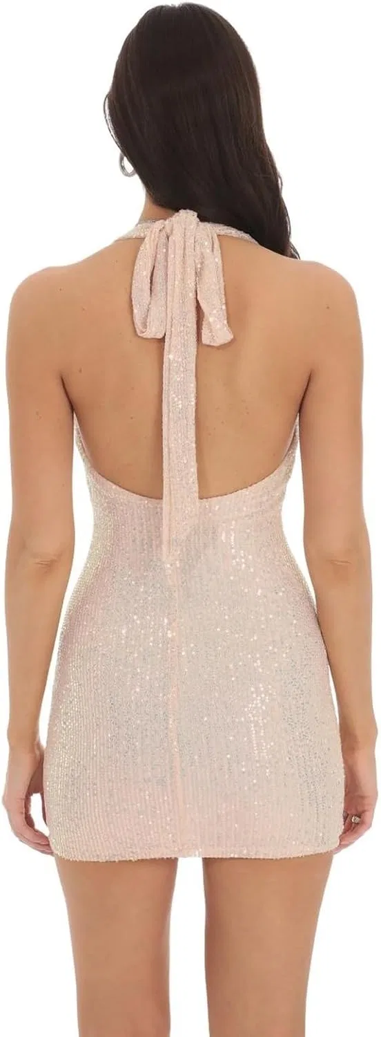 Женское блестящее платье-мини с пайетками, без рукавов, Spaghetti Straps Sequins Bodycon Mini Dress — фото 3