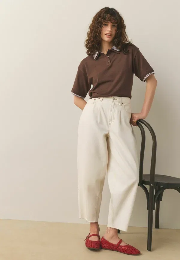 Топ с коротким рукавом, Regular Fit, Polo Top, Next, Chocolate Brown Stripe, коричневый/шоколадный — фото 2