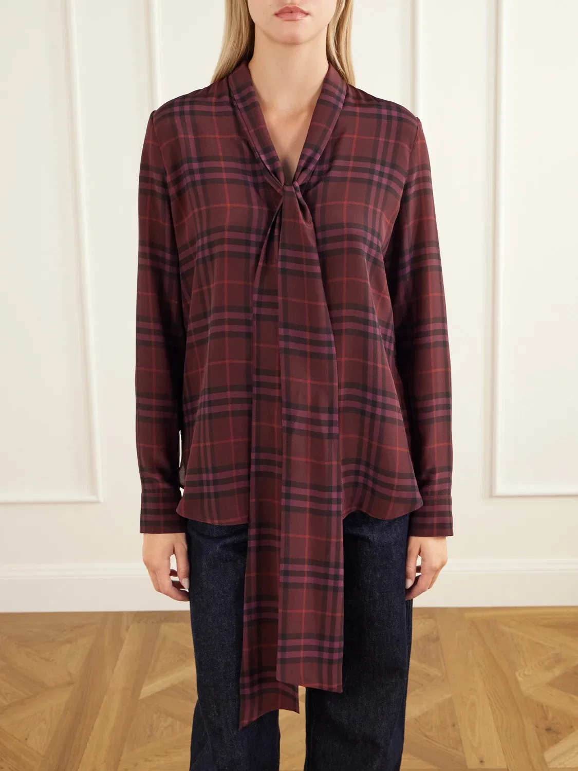 Блузка из крепа с бантом Rhiannon Burberry, бордовый — фото 3