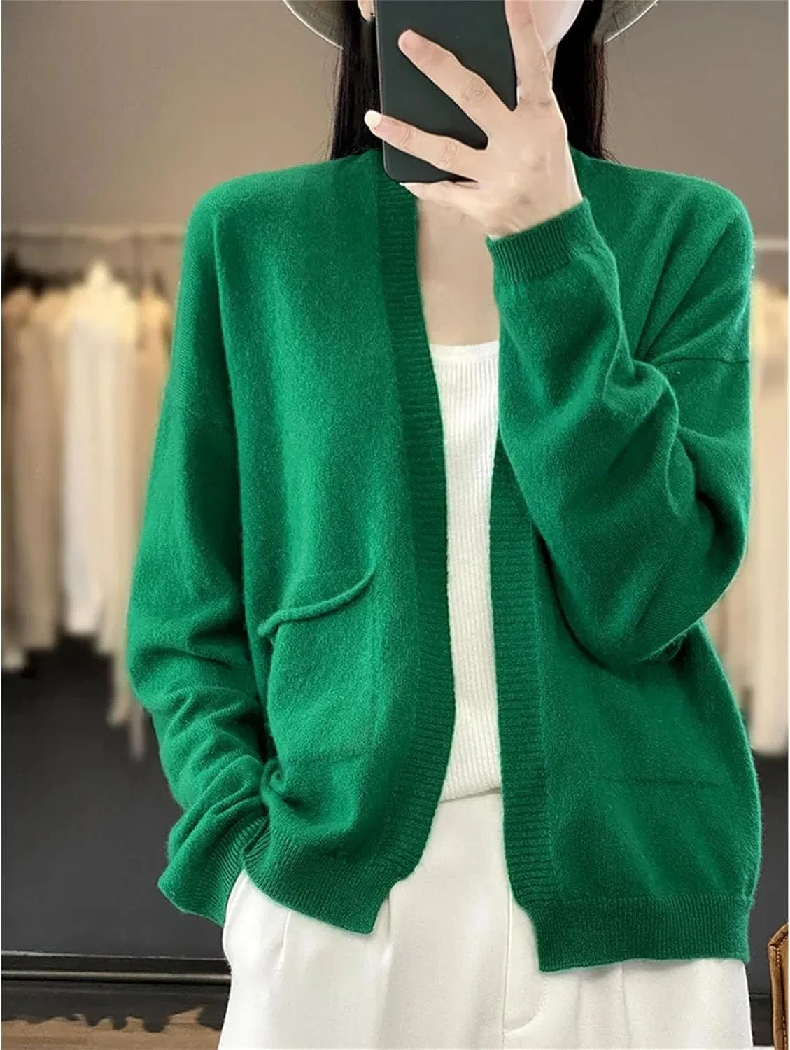 Женский кардиган с V-образным вырезом, свободный, Wool Blend, золотистый/кэмел — фото 2