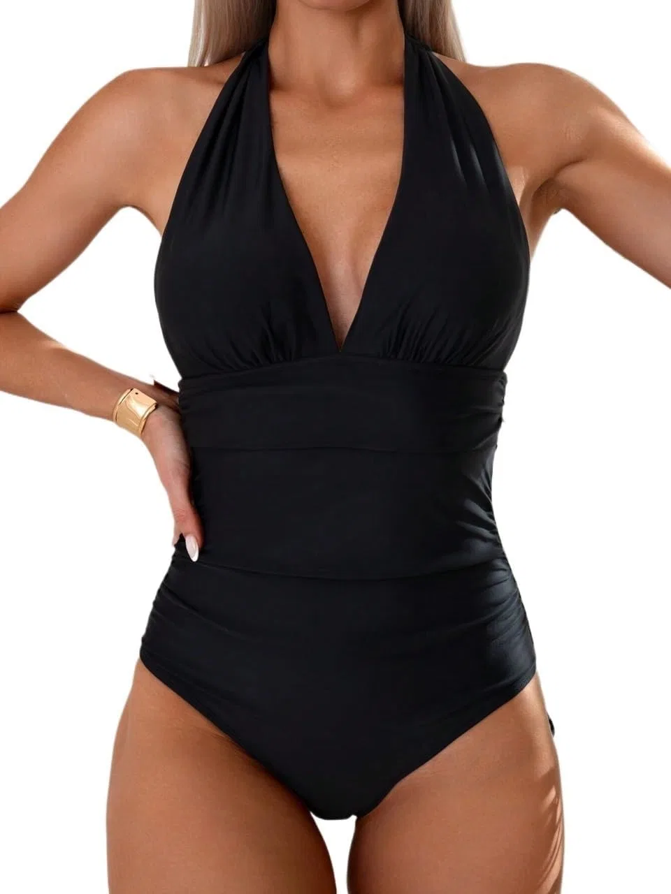 Женский цельный купальник с открытой спиной Halter Ruched, Black