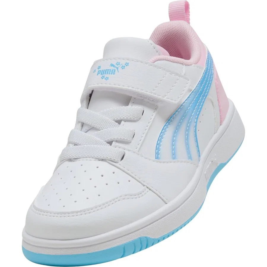 Детские спортивные кроссовки Puma Rebound V6 Lojelly Heaven Ac Ps, Бело-розово-синий — фото 3