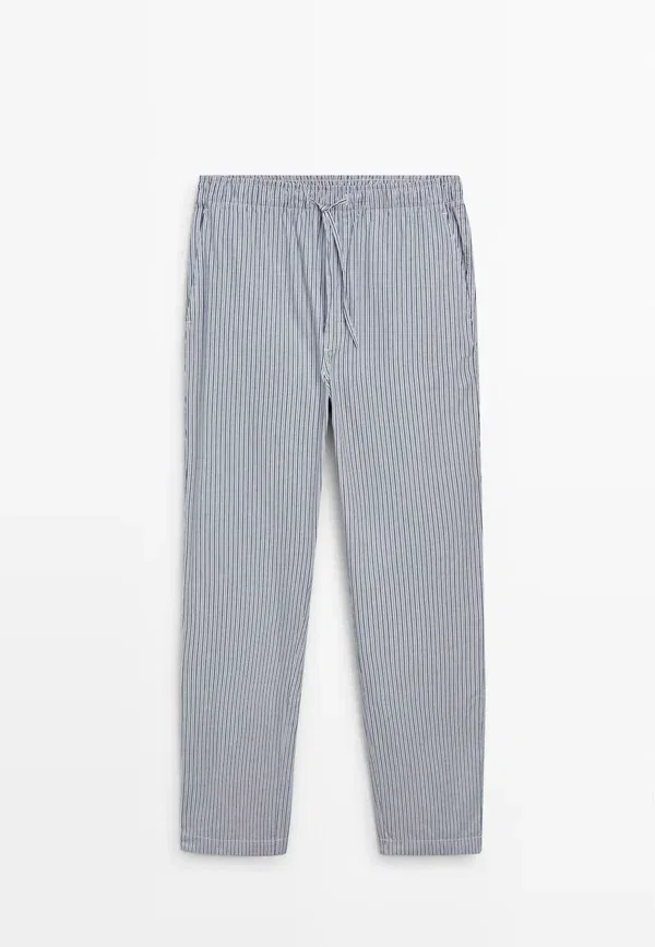 Пижамный комплект из хлопка Short sleeve pyjama top and striped trousers, Massimo Dutti, Dark blue, темно-синий — фото 2