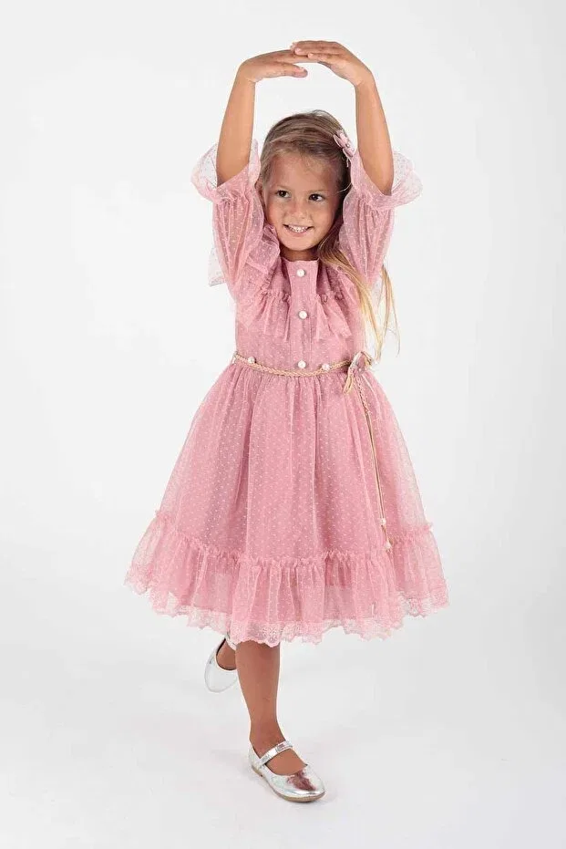 Детское платье для девочек кружевное Buckle Belted Lace Tulle Evening Dress Ahengim, Rose Dry — фото 2