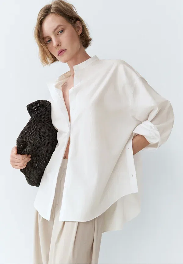 Блуза с воротником-мандарин, хлопок, button-down blouse, Massimo Dutti, White Denim, белый — фото 3