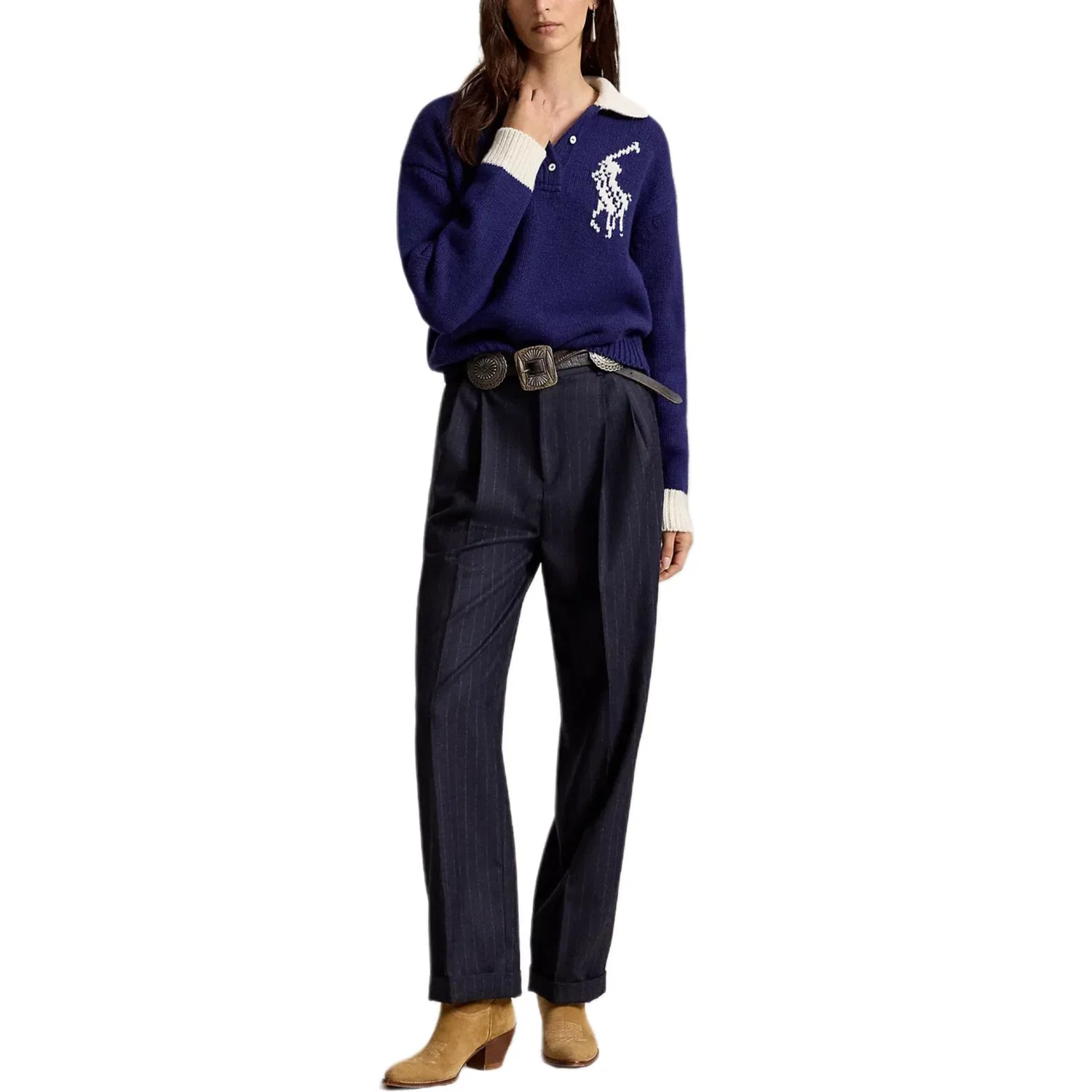Женский свитер с воротником-поло Polo Ralph Lauren Big Pony, Blue — фото 4