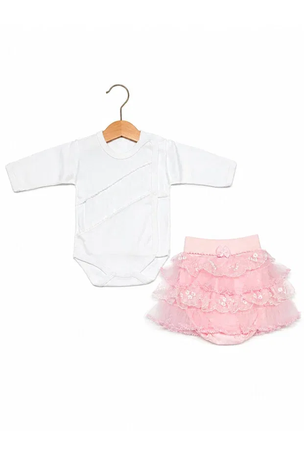 Детский комплект боди и юбки для девочек хлопковый Basics Kardeşler Bebe, Ecru-Pink