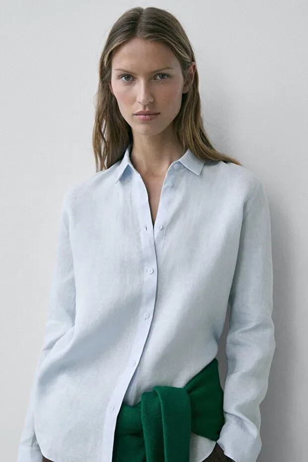 Женская рубашка льняная Massimo Dutti, Sky Blue — фото 2