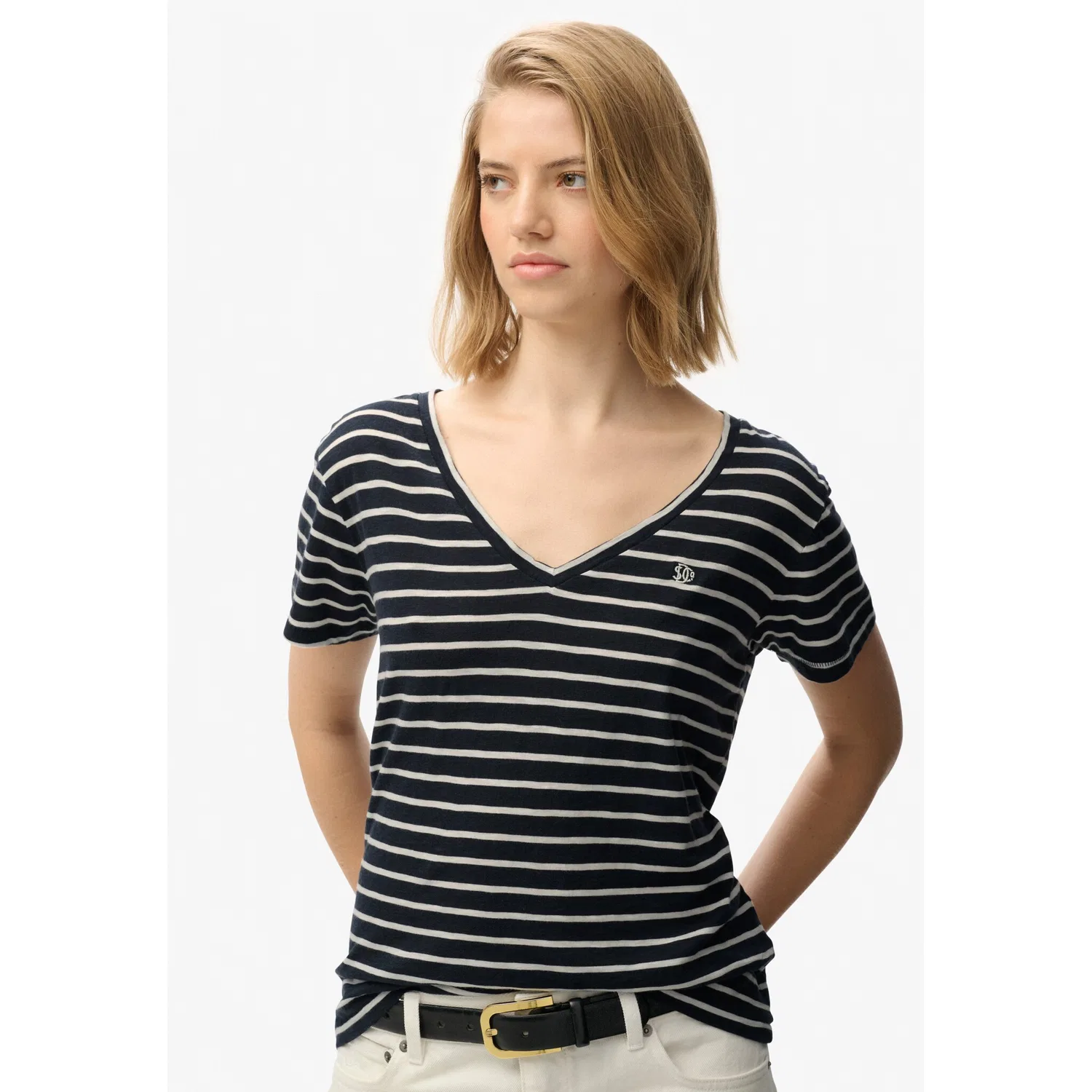 Женская футболка с V-образным вырезом Superdry, Navy/Optic Stripe — фото 2