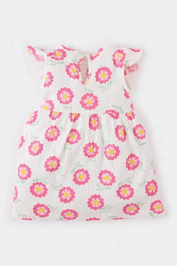 Детское платье для девочек с принтом Floral Short Sleeve Crinkle Viscose Summer Dress Defacto, Ecru-Er105 — фото 4