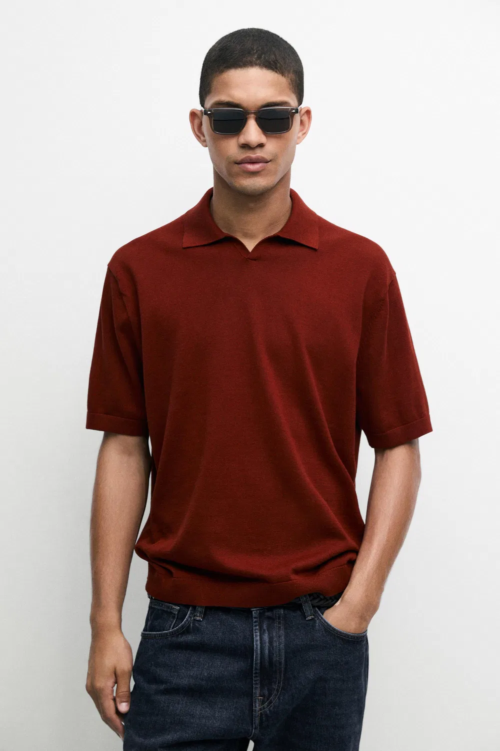 Рубашка поло Massimo Dutti, трикотажная, с V-образным вырезом, Copper — фото 2