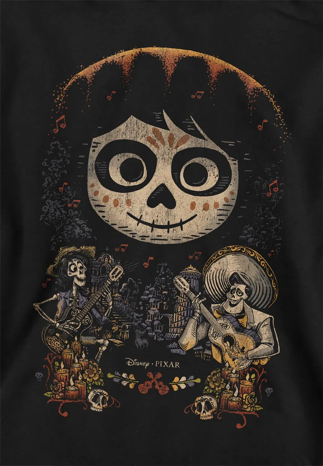 Детский худи с принтом Coco painted poster с Miguel Skull, Hector и Ernesto Disney, Black — фото 2