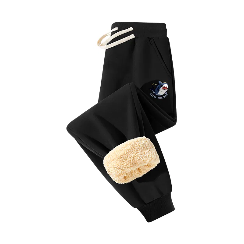 Детские утепленные спортивные штаны на флисе с манжетами MINISO, Dark Gray (B Happy Shark Pants Logo)+Heather Gray (B Happy Shark Pants Logo) — фото 4