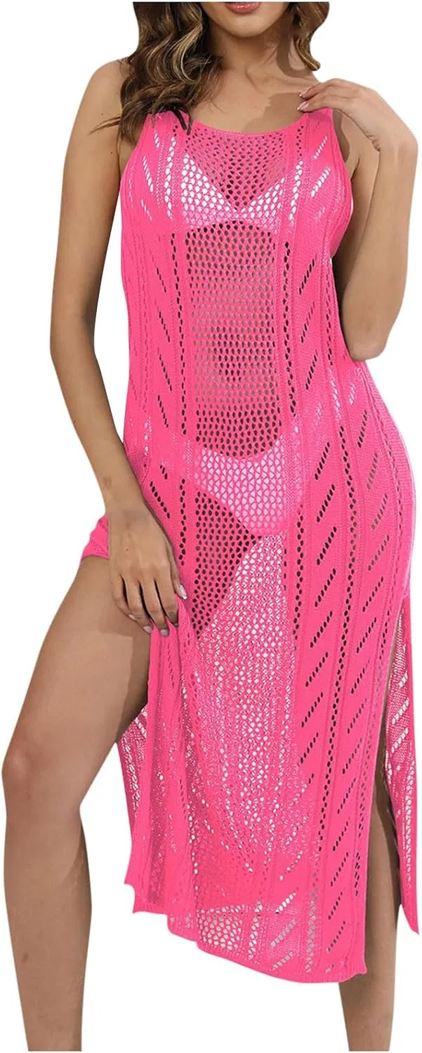 Женское вязаное пляжное платье-накидка крючком богемное миди, Hot Pink