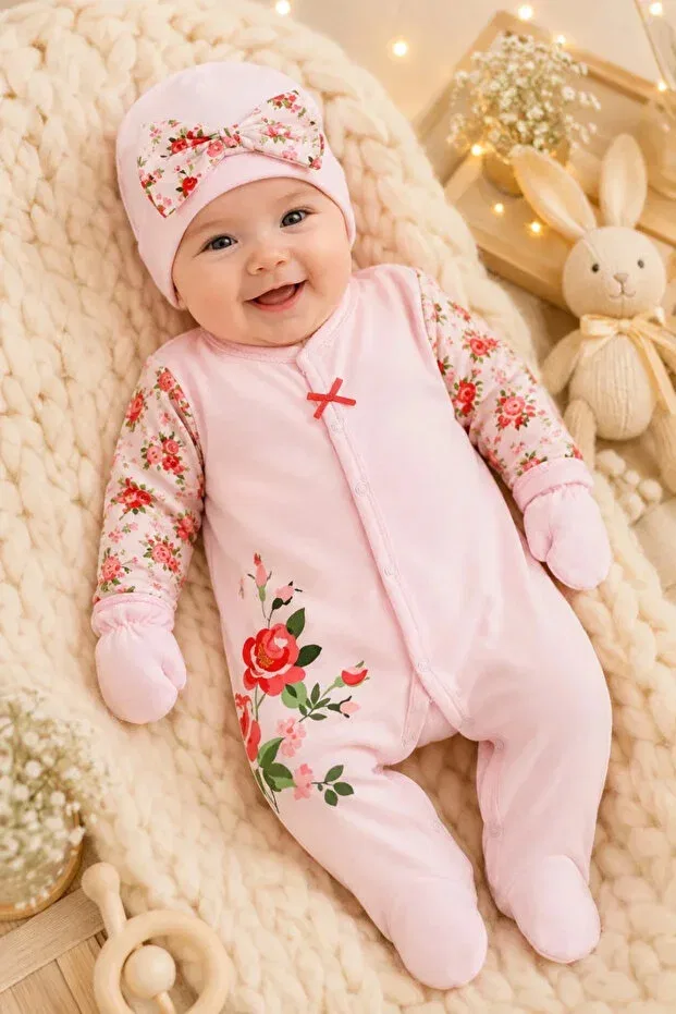 Детский комбинезон для девочек с цветочным принтом Tuğra Bebe, Pink — фото 3