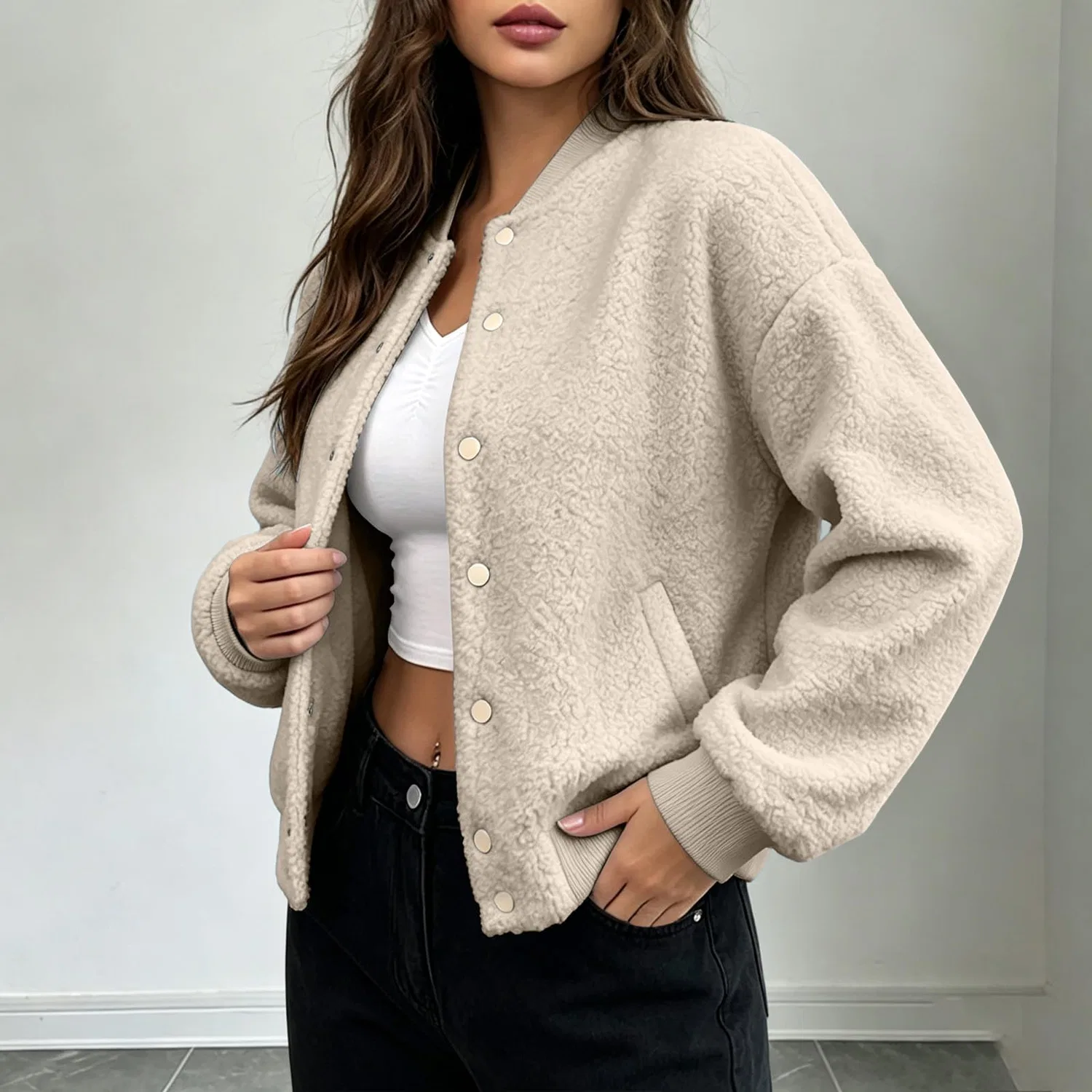 Женская куртка-бомбер с длинным рукавом, из флиса, модель Bomber in pile da donna UK, Beige — фото 4