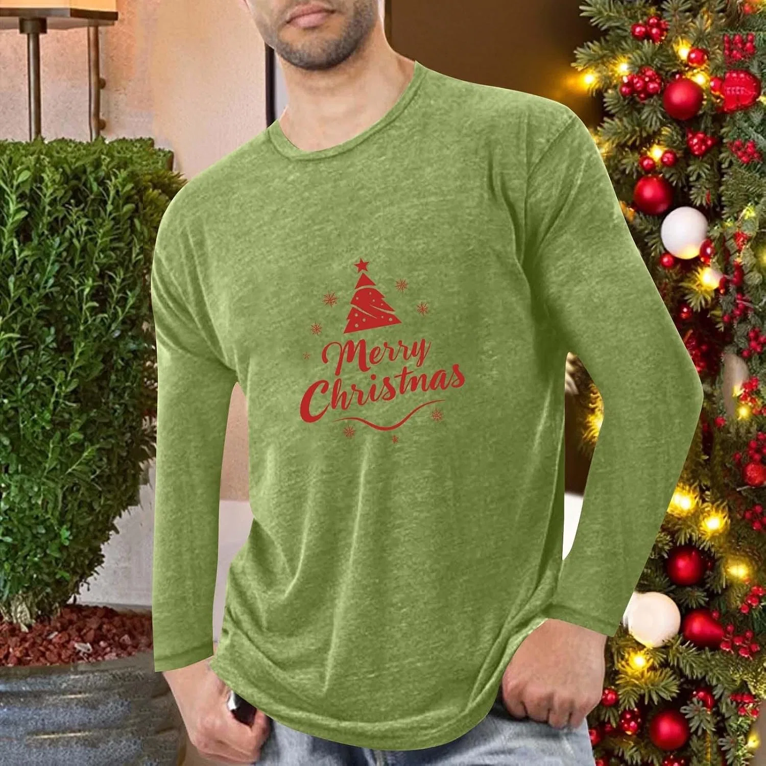 Мужская футболка с рождественским принтом, Long Sleeve, Green — фото 2