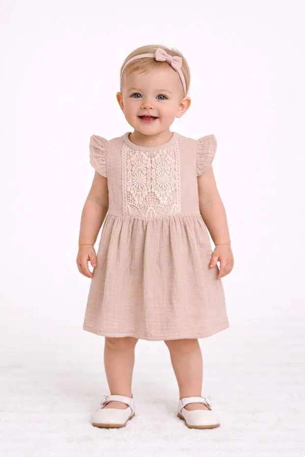 Детское платье для девочек хлопковое Muslin scalloped dress Kidaxi, Stone