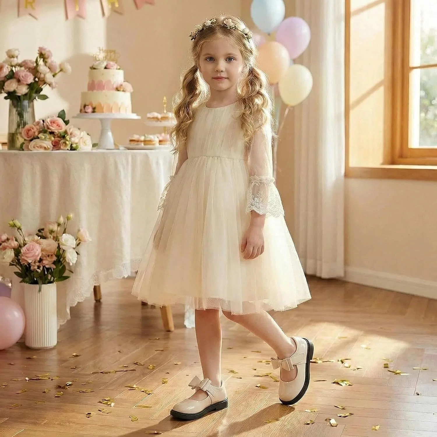 Детские туфли Мэри Джейн для девочек с принтом Princess Ballet Flats JGKDTX, Apricot — фото 2