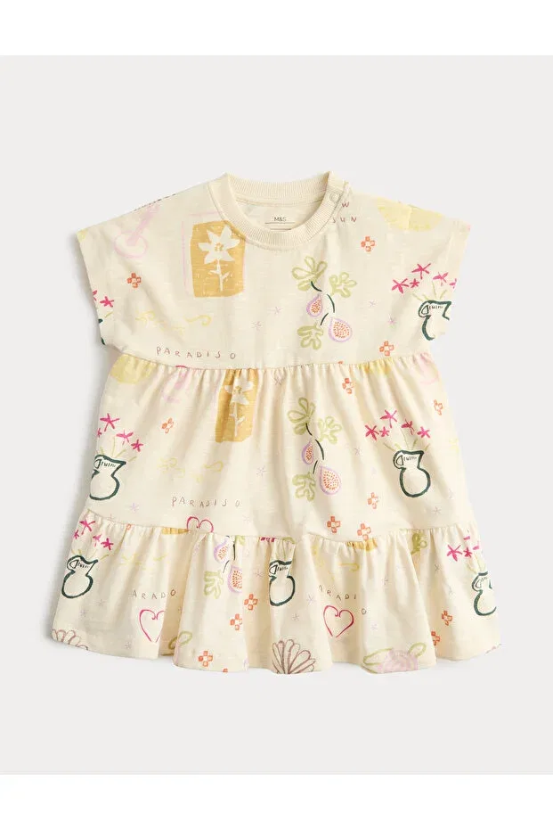 Детское платье для девочек хлопковое с принтом Pure Cotton Patterned Jersey Dress Marks & Spencer, Nude Color