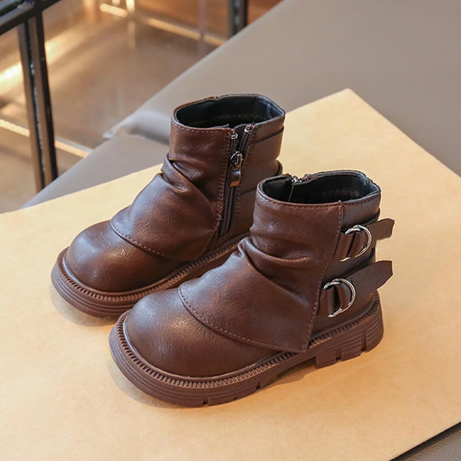 Детские ботинки с шнуровкой и боковой молнией Knee-High Lug XovLAHzY, Brown — фото 3