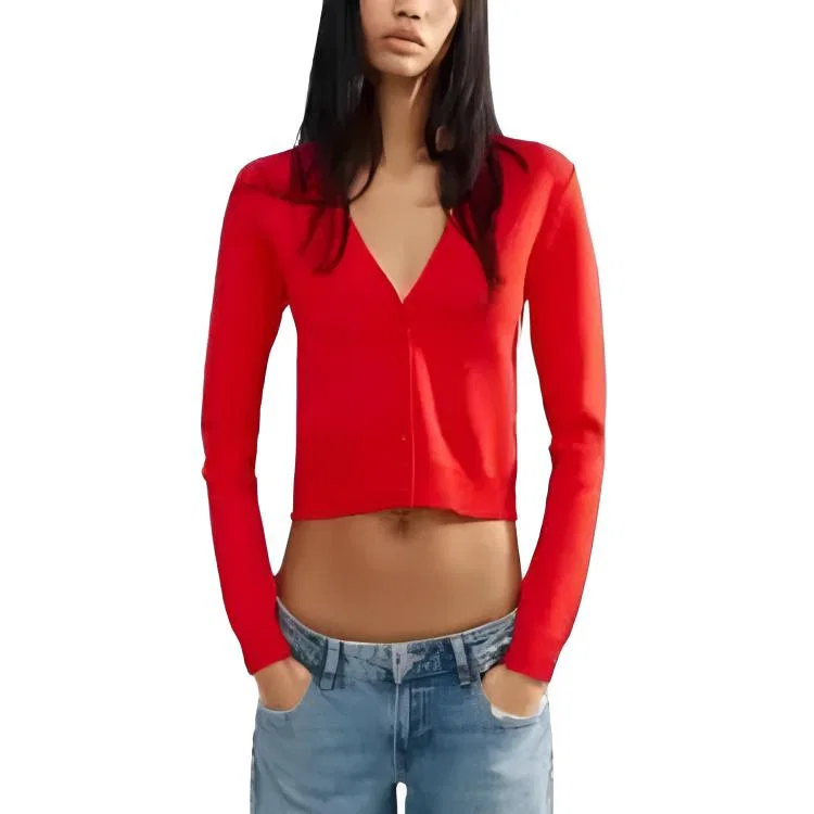 Женский вязаный свитер с V-образным вырезом, Red, ZARA — фото 4