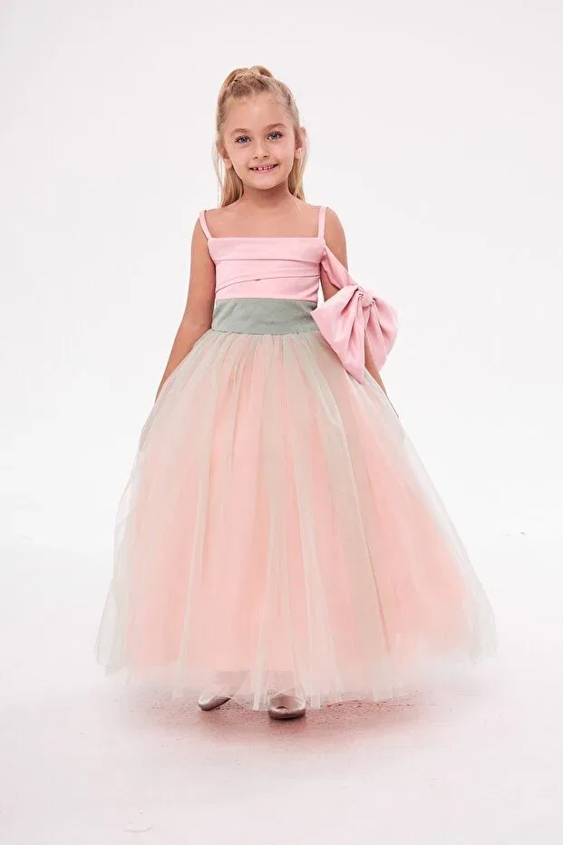 Детское вечернее платье для девочек без рукавов Green Pink Sleeve Bow Zühre Balaban, Green Pink — фото 3
