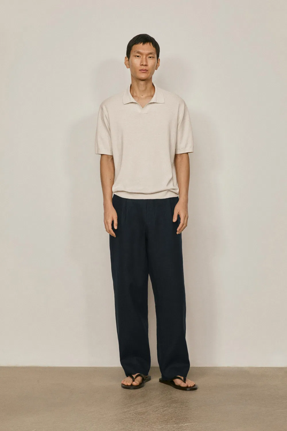 Вязаный поло из хлопка и льна - лимитированная серия Massimo Dutti, кремовый