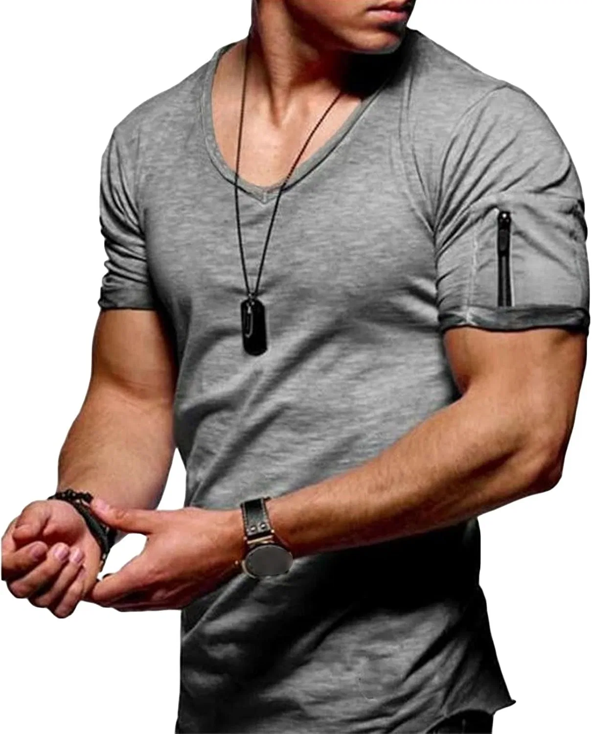 Мужская футболка с V-образным вырезом облегающая Cotton, Dark Grey