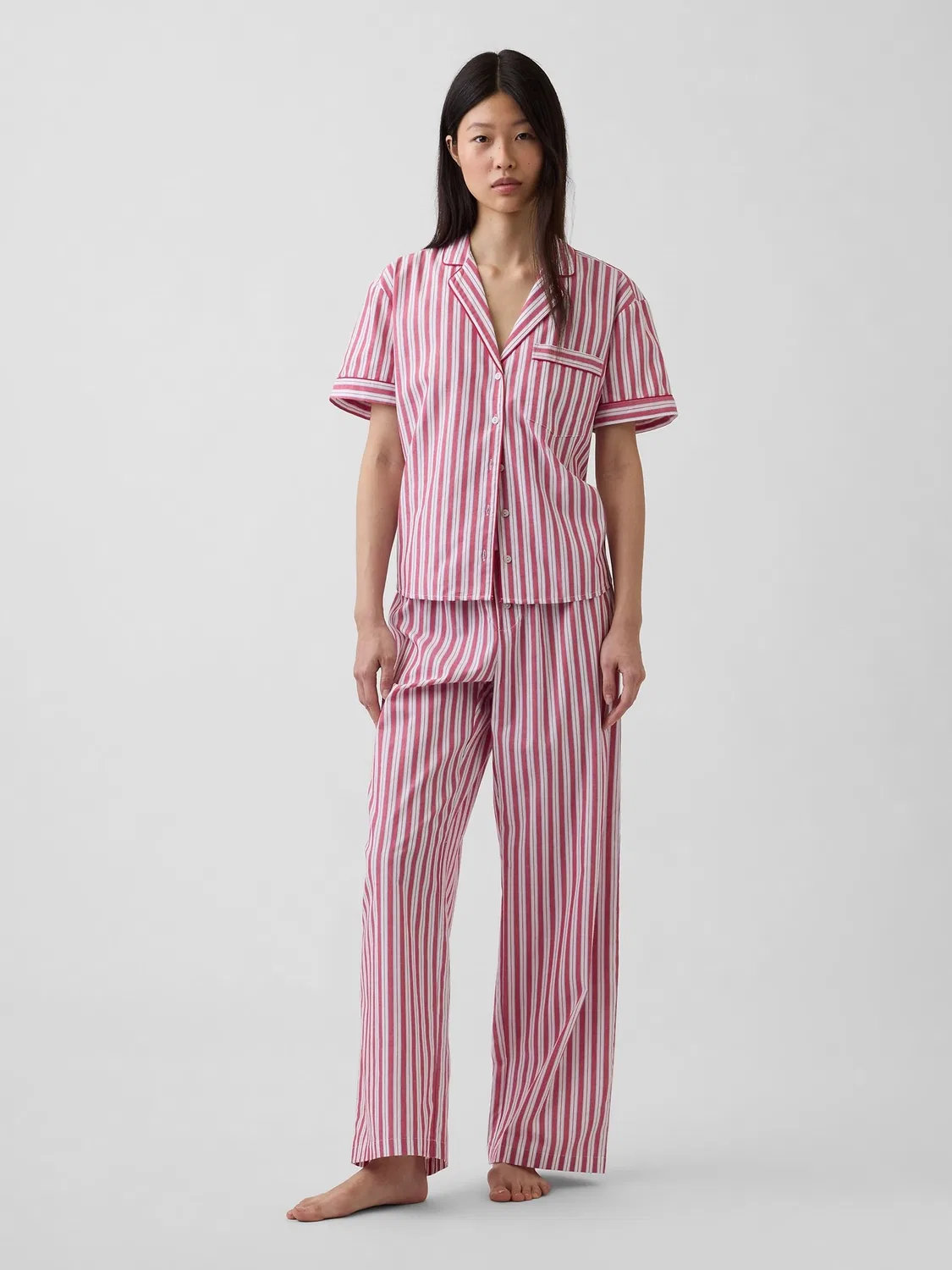 Пижамная рубашка Gap Red Stripe Poplin, красная полоска — фото 3