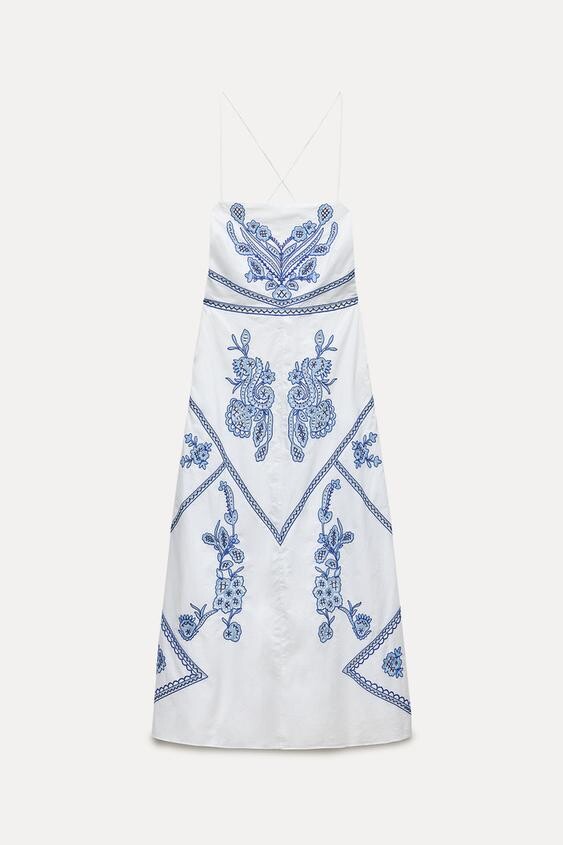 

Платье - миди Zara ZW Collection Embroidered, синий/белый