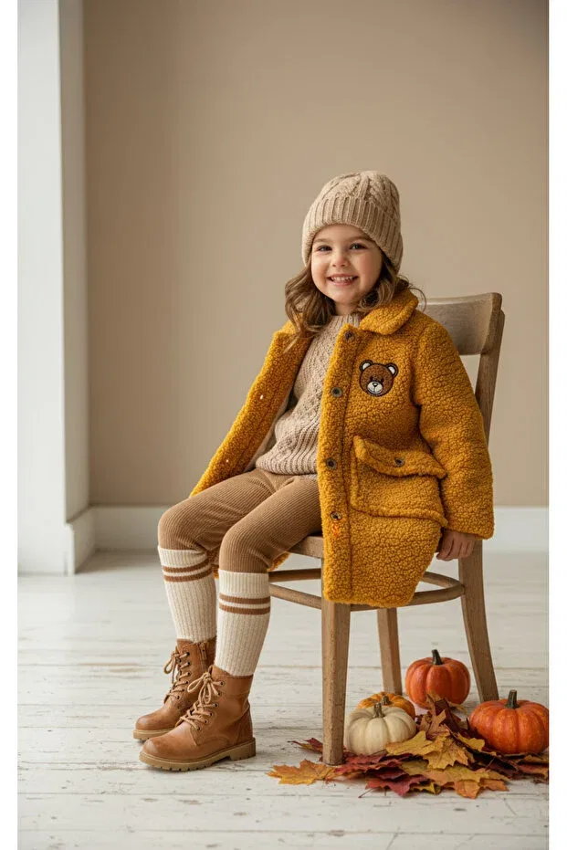 Детское пальто для девочек с принтом Teddy Bear Naki Hc Kids Wear, Hardal