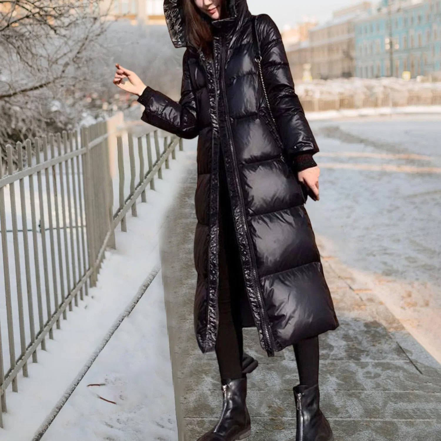 Женское стеганое пальто с капюшоном, блестящее, черное, Black — фото 4