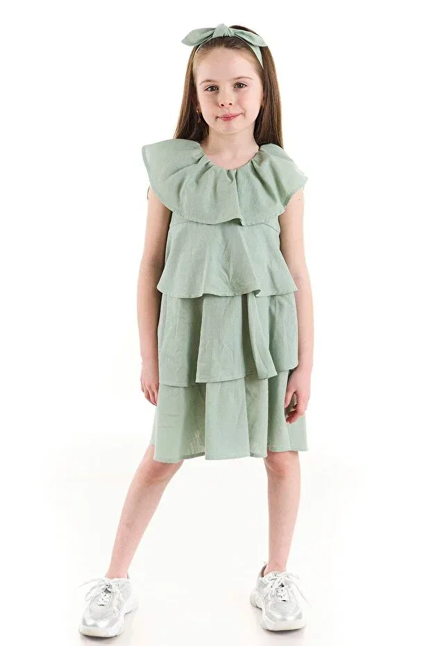 Детское платье для девочек с воланами Tulip flounced linen girl's dress Colorinas, Oil Green — фото 4