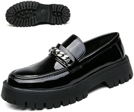 

Мужские лоферы на платформе из лакированной кожи с цепочкой, роскошный круглый носок, низкая массивная подошва, деловая офисная обувь, нескользящие, для свиданий, вечеринок и повседневного ношения Zlnmld, черный