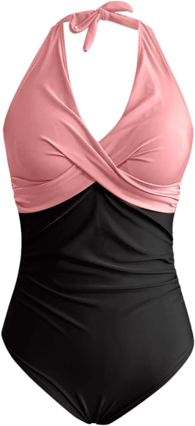 Женский цельнокроеный купальник с утяжкой живота Halter V-Neck, Pink — фото 3