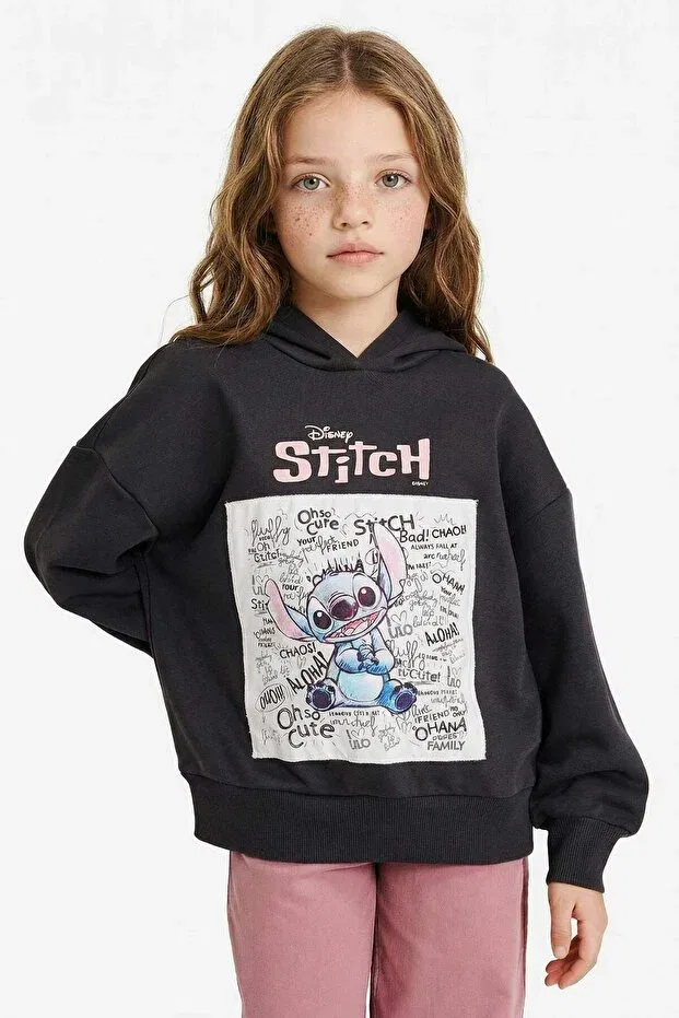 Детские свитшот для девочек оверсайз с принтом Disney Lilo & Stitch Oversize Wide Fit Hooded Soft Fleece Defacto, Anthracite-Ar1 — фото 3