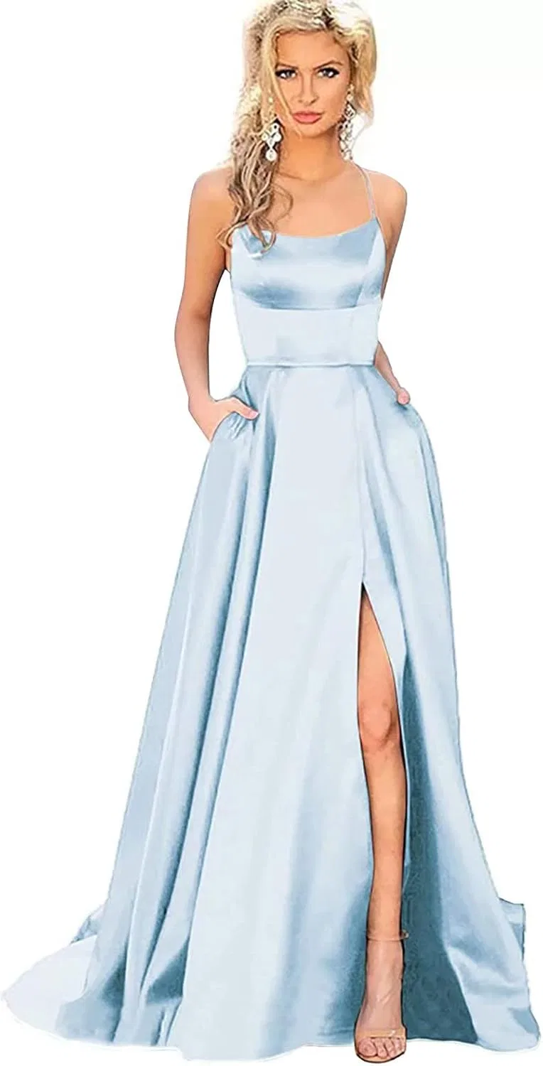 Женское вечернее платье на бретелях Satin Prom, Light Blue — фото 2