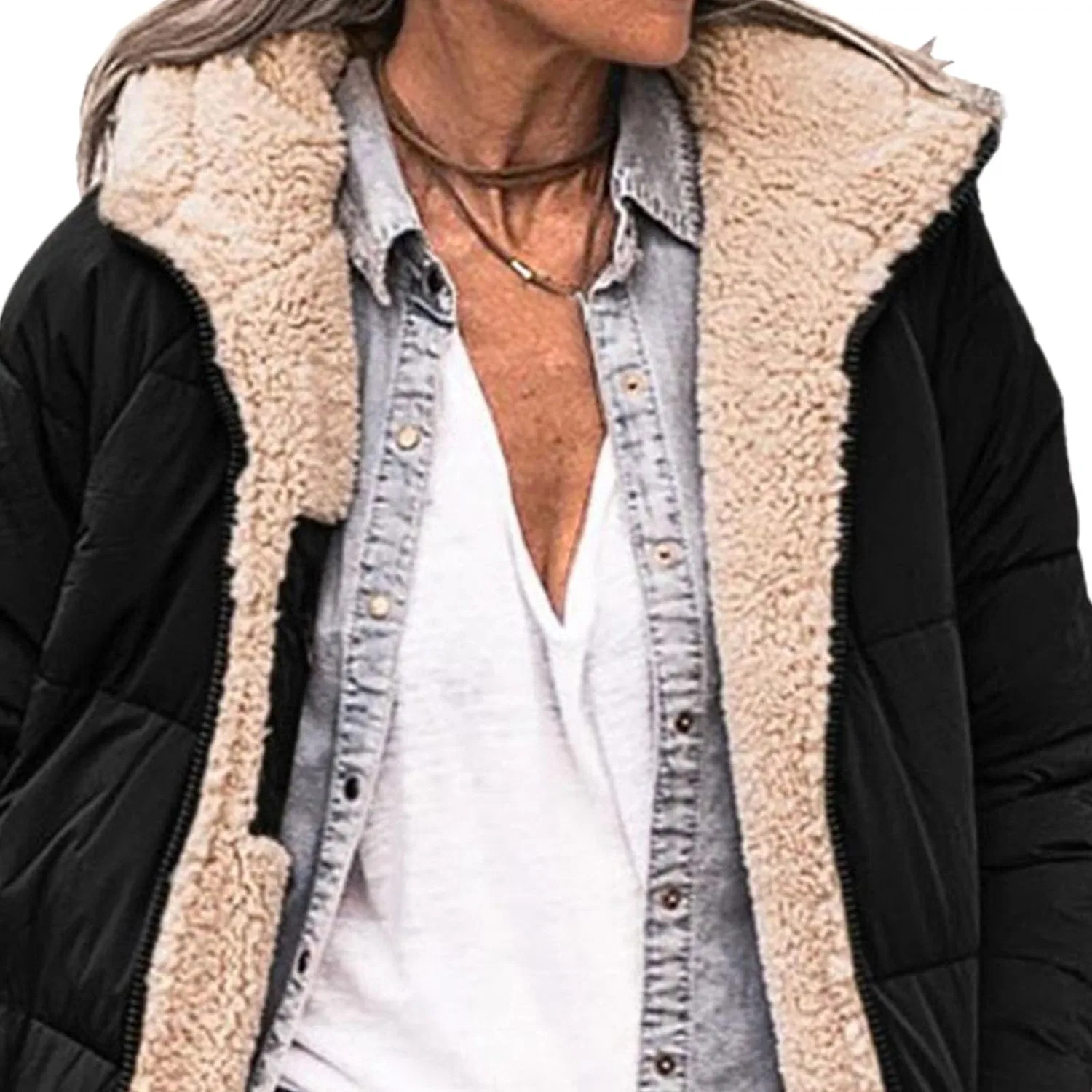 Женское пальто с капюшоном из овчины Oversized Shearling Fleece, Black — фото 3