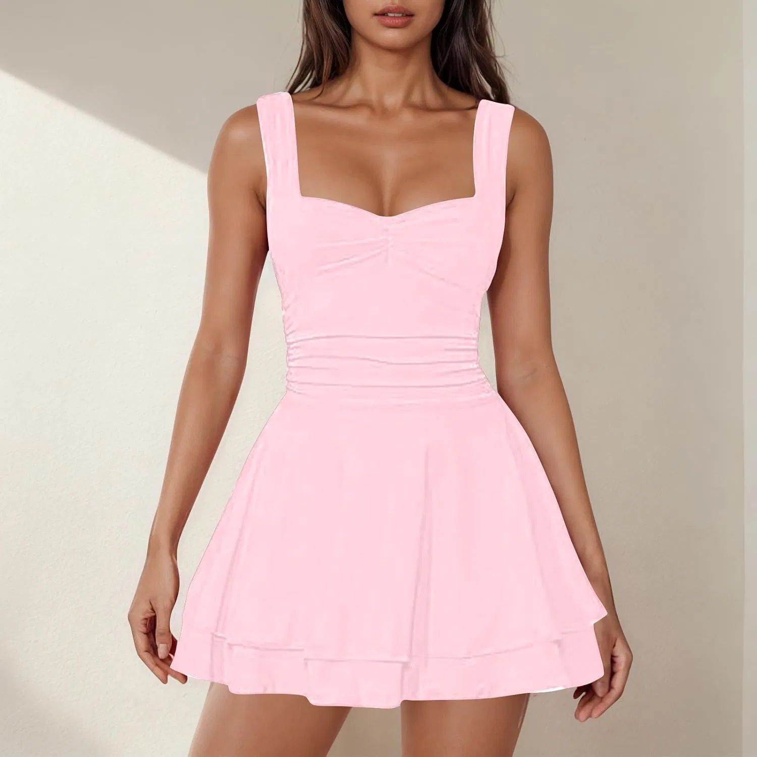 Женское мини-платье с квадратным вырезом и воланами A01 Pink — фото 2