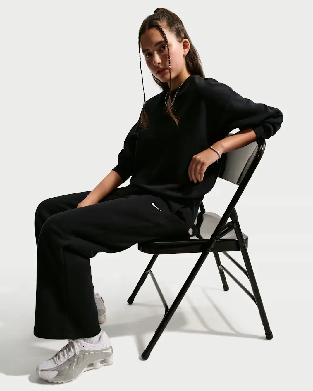 Детские брюки с открытым низом Nike Sportswear Studio Fleece, Black/White — фото 4