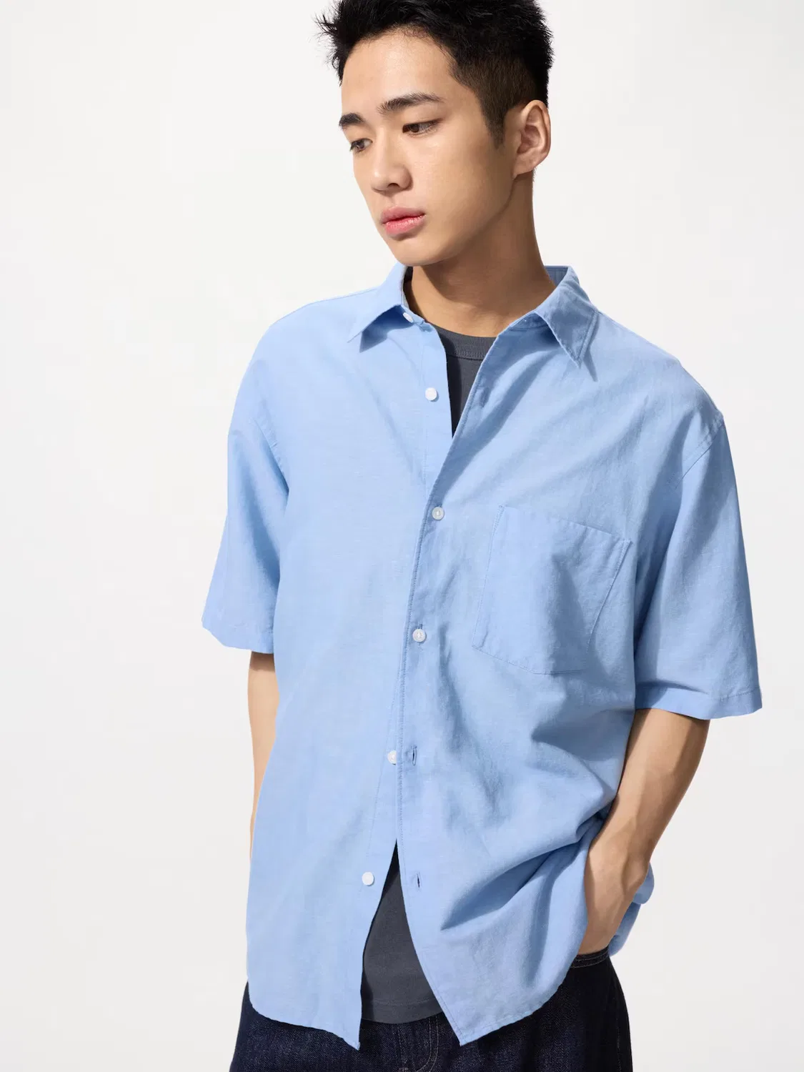 Рубашка хлопок-лён Uniqlo, повседневная, синий