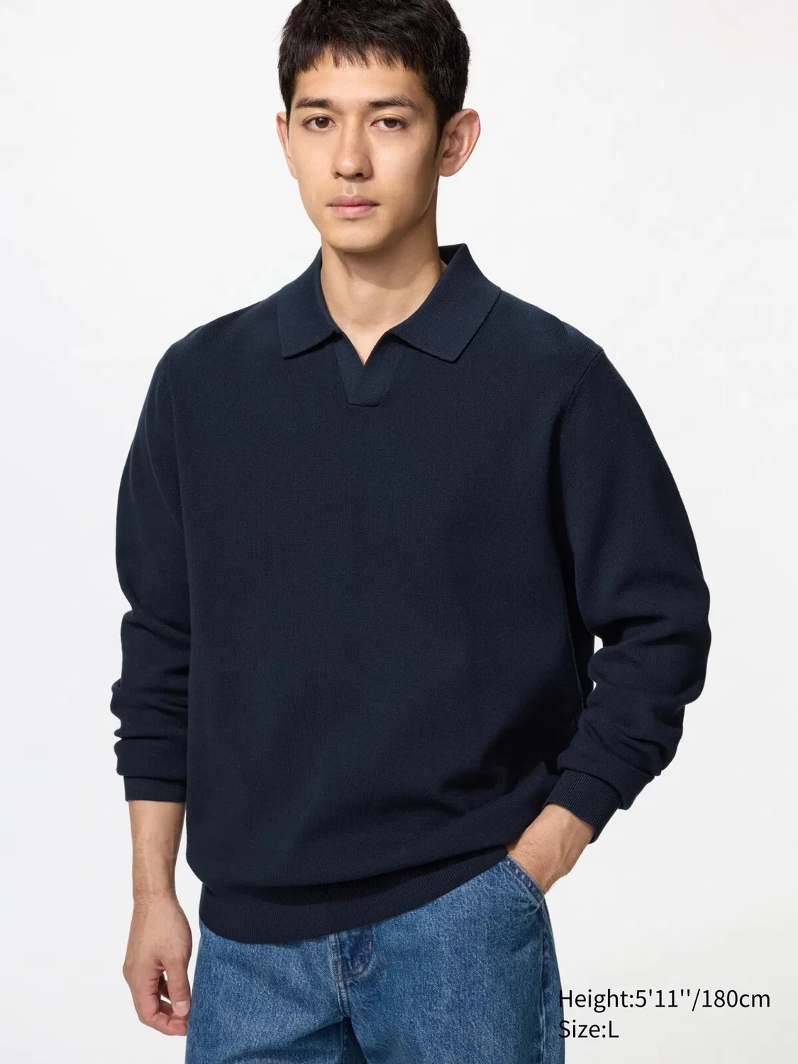 Поло-свитер Uniqlo Milano, в рубчик, для стирки, темно-синий