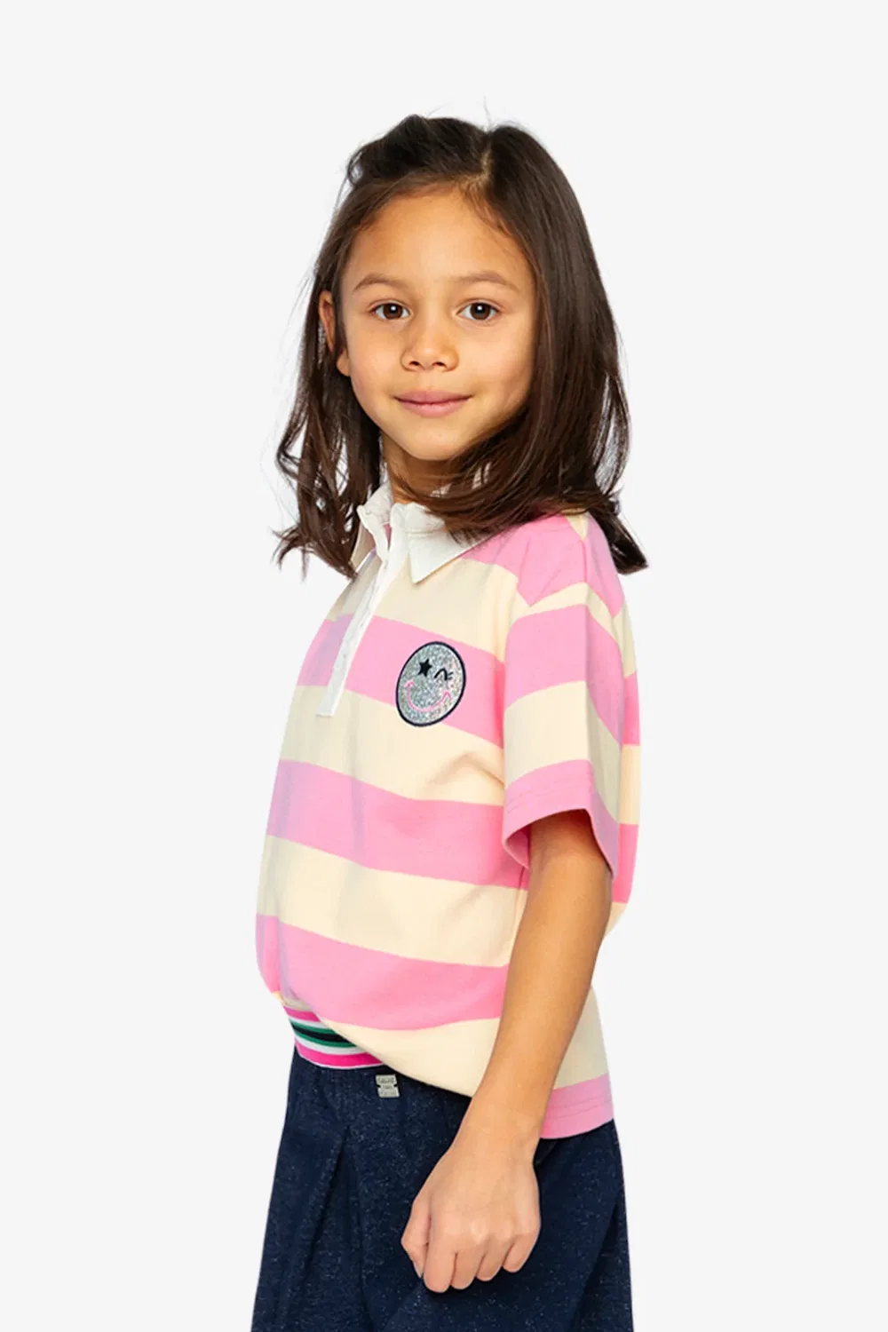Детская футболка поло с коротким рукавом с принтом поло Ivy Kids Deux par Deux, Pink and Beige Stripes — фото 4