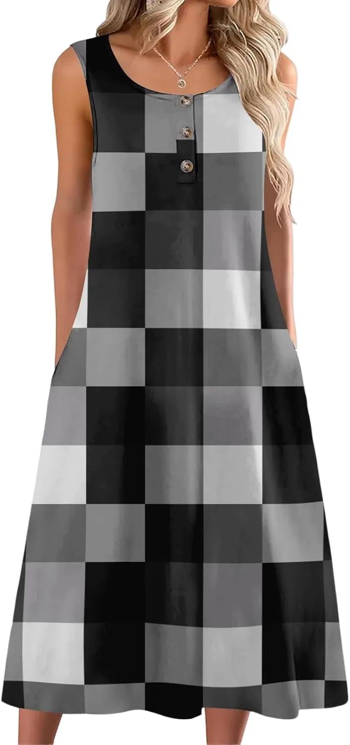 Женское платье в клетку макси с пуговицами, 3-Dark Gray — фото 4