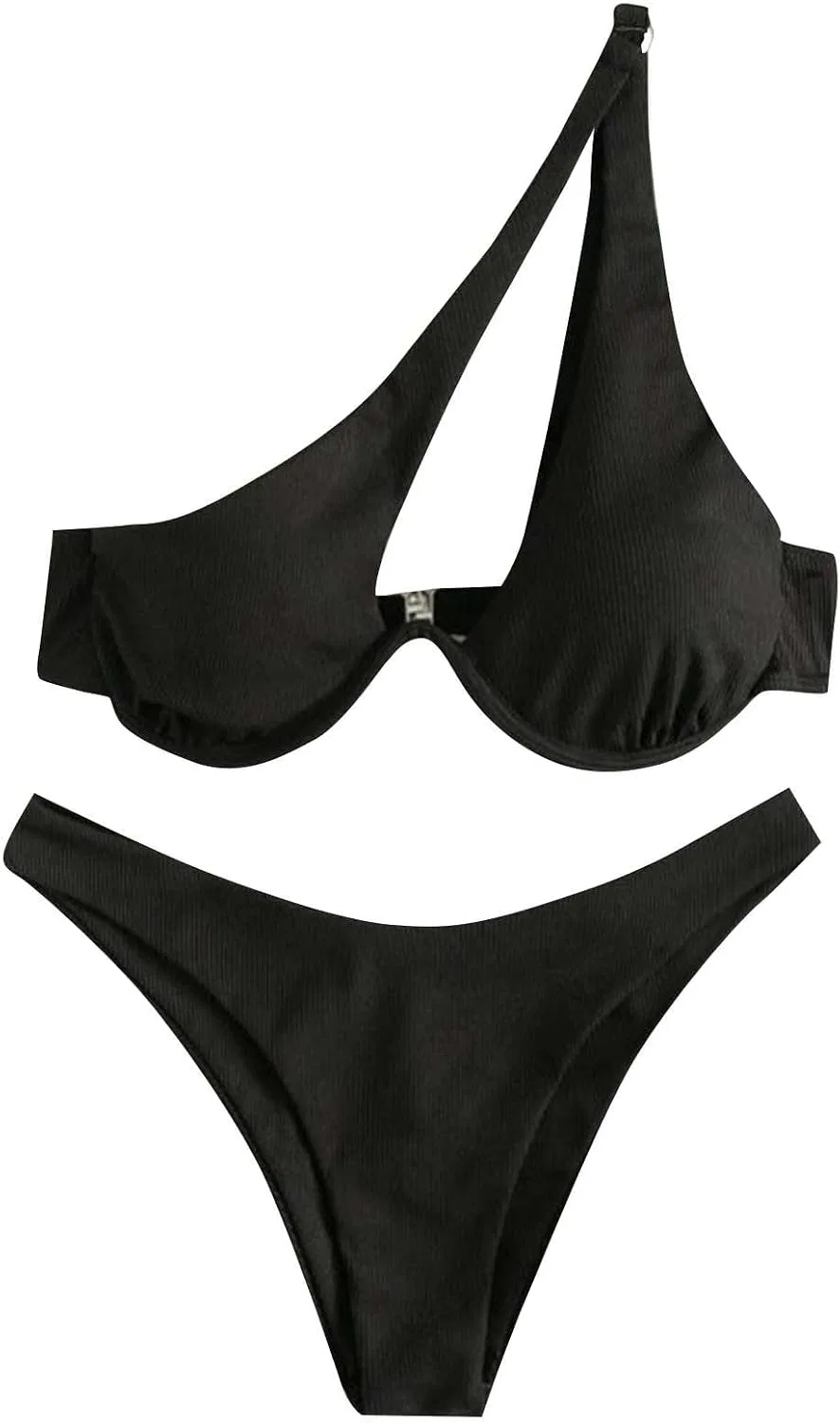 Женский бикини-комплект с одним плечом с вырезами Ribbed, Black