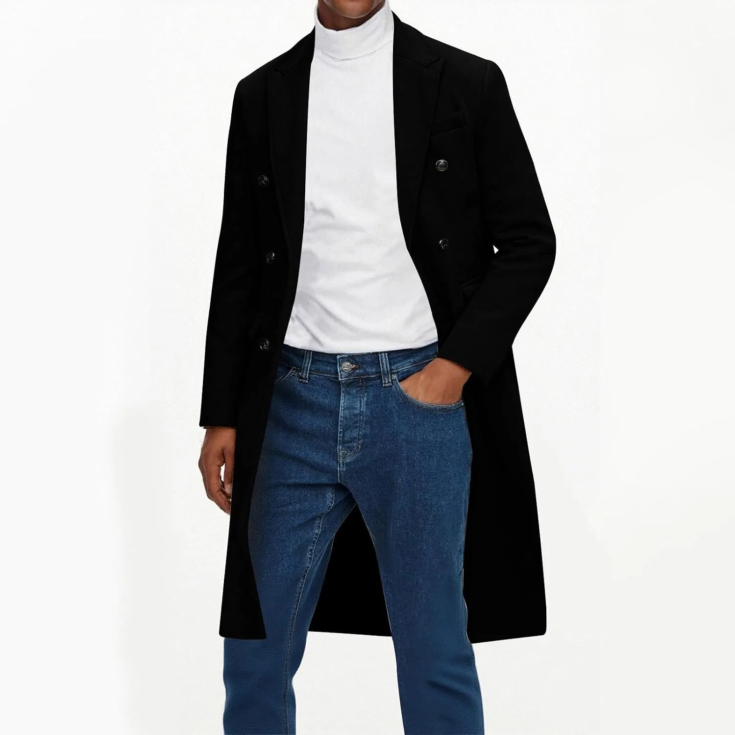 Мужское двубортное пальто из шерстяной смеси, Pea Coat, чёрный — фото 4
