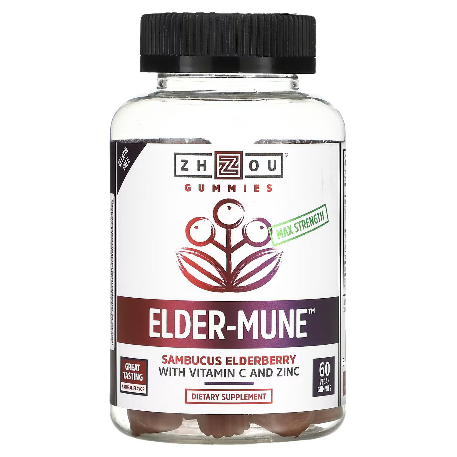 

Zhou Nutrition, Максимальная сила Elder-Mune, бузина, 60 веганских жевательных таблеток